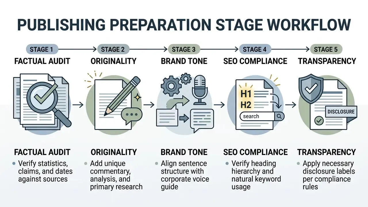 Five sequential steps for content review covering factual audit, originality, brand tone, SEO, and disclosure