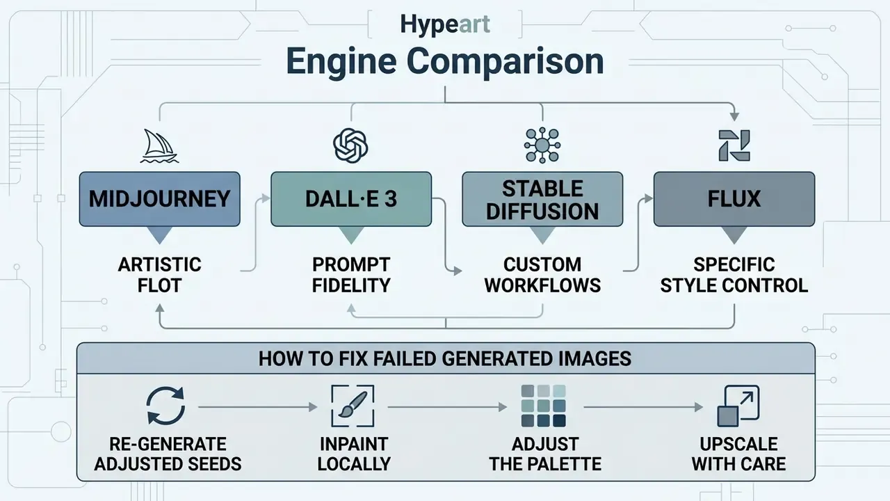 Summary chart comparing AI tools and listing four troubleshooting steps for fixing failed image generations