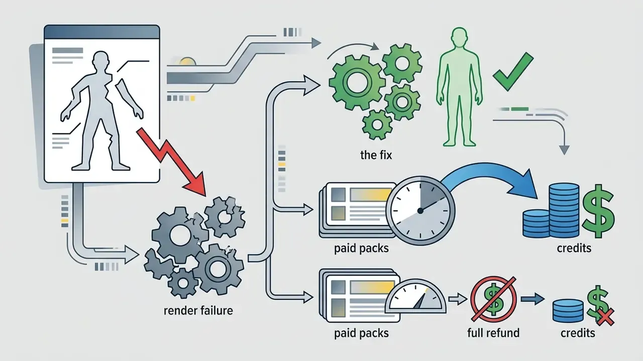Broken human outline feeding into gears that branch toward fix verification and refund processes