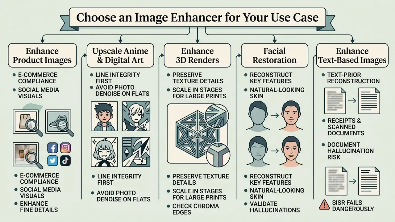 Categorized guide listing specific AI enhancement techniques for product, art, 3D, face, and text images