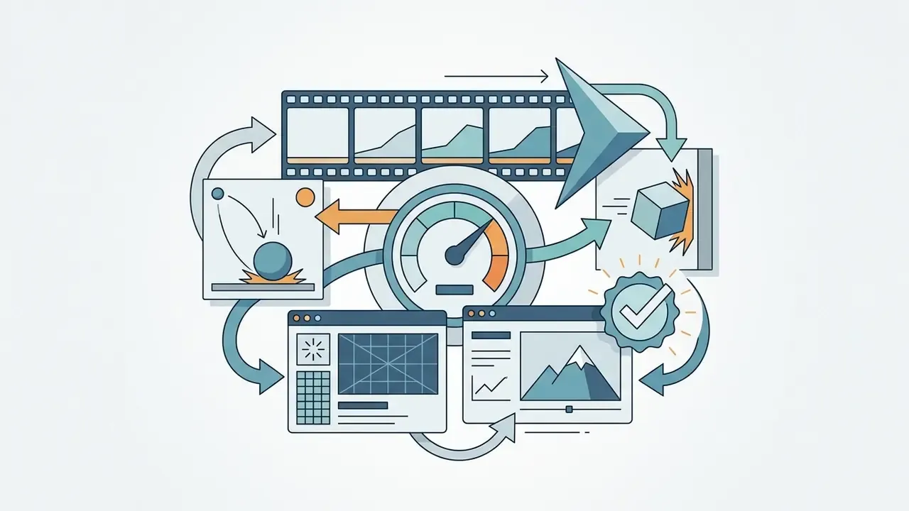 Diagram showing a speedometer surrounded by icons for physical physics, motion control, and video frames