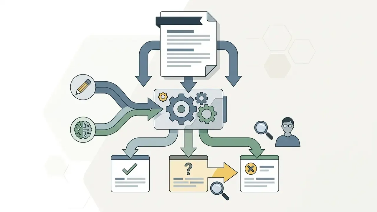 Human writing and AI brain icons feeding into a gear processor that sorts text into status report boxes
