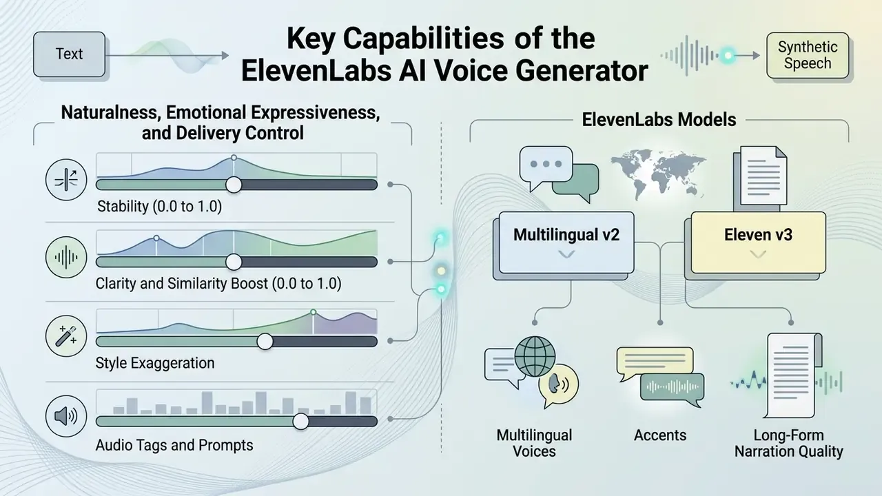 Infographic displaying voice adjustment sliders and model options for multilingual and long-form narration