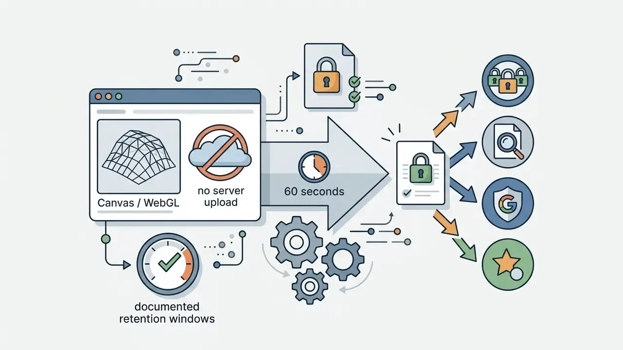 Browser-based rendering process showing data security compliance steps and audit verification icons