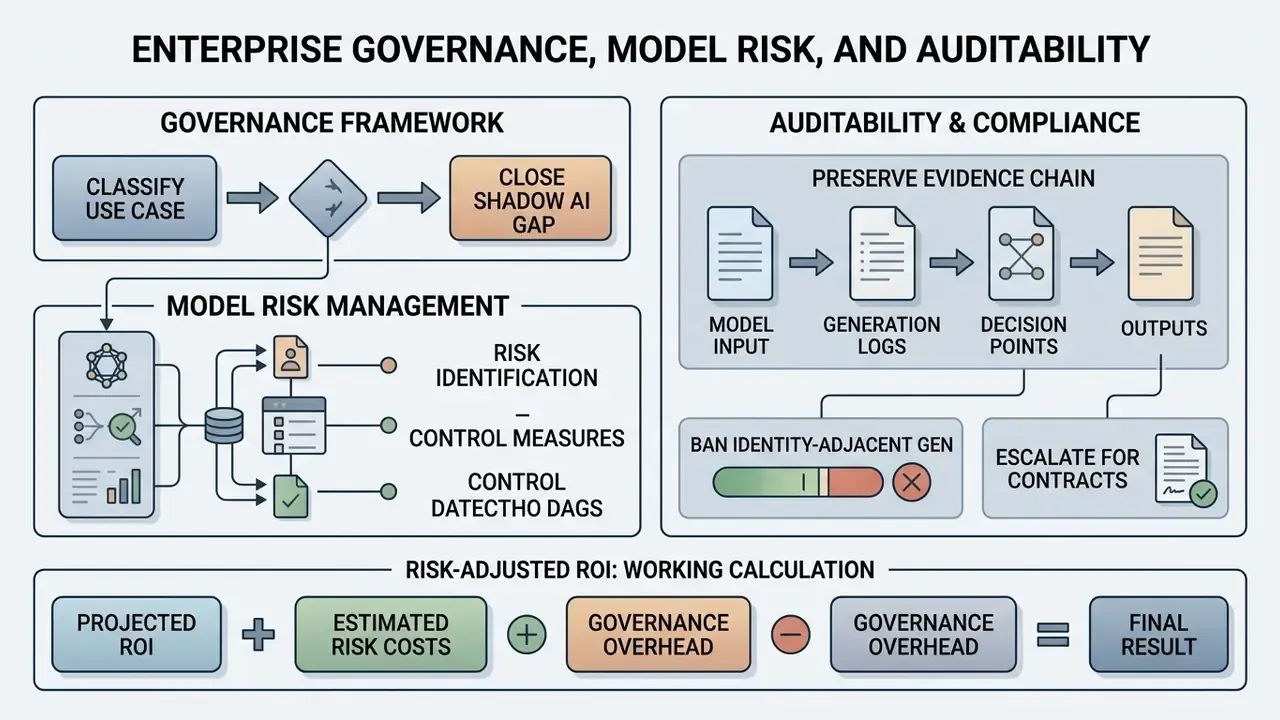 Flowchart outlining enterprise governance, model risk management, and auditability for AI use cases