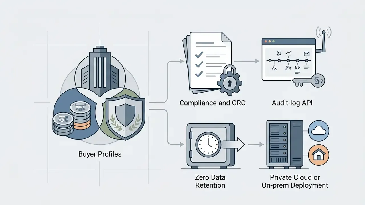 Corporate buyer profiles linked to compliance, audit-log API, data retention, and deployment options