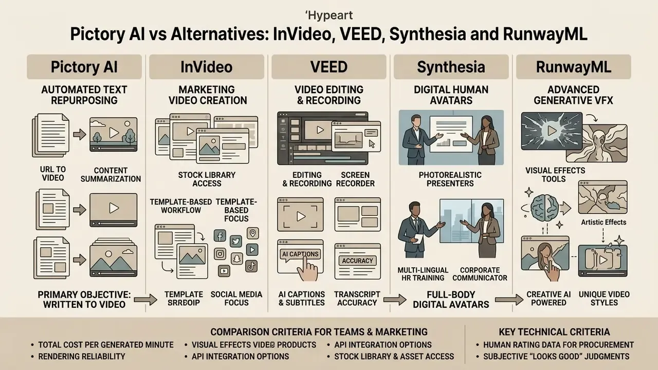 Comparison table outlining key features and use cases for Pictory AI and various video generator tools