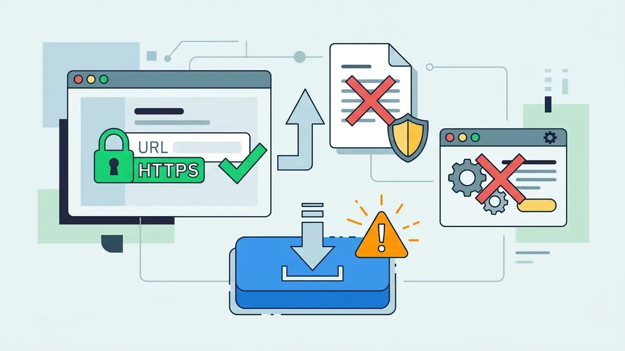 Browser window with HTTPS lock icon, a rejected document, blocked gears, and a risky download button