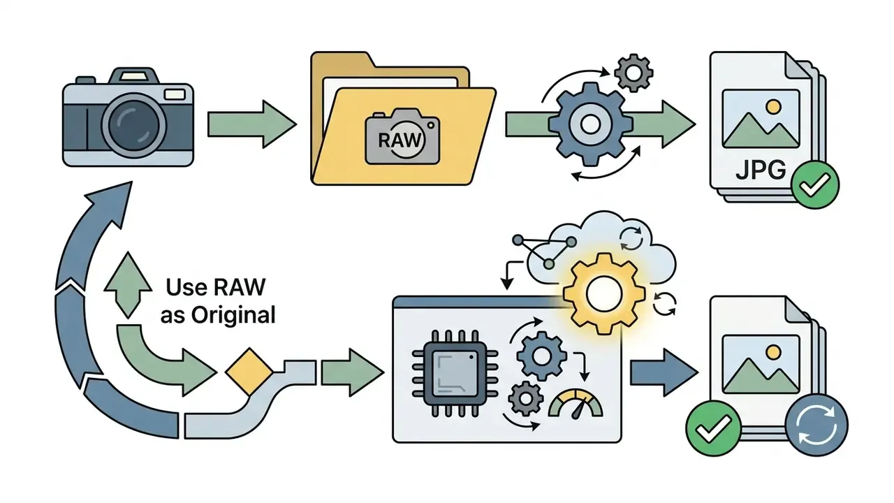Workflow showing a camera capturing RAW files that are processed into JPGs or re-rendered via Apple pipeline
