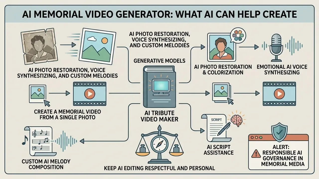 Diagram showing how generative models power features like photo restoration, voice synthesis, and script writing