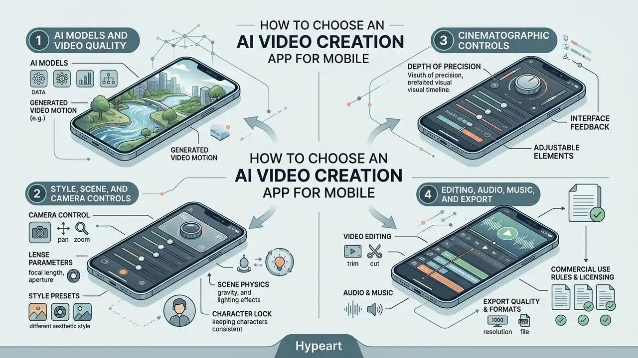 Four quadrants detailing essential features for evaluating an AI video generator app on mobile devices