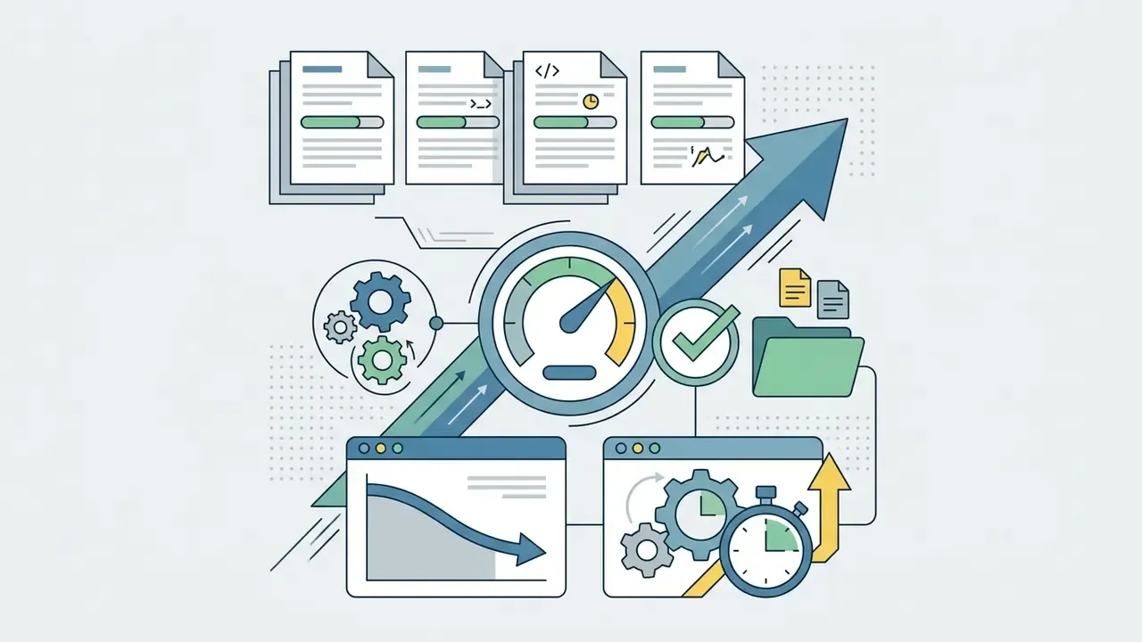Files and performance gauges connecting to an upward arrow and a checkmark icon to indicate progress
