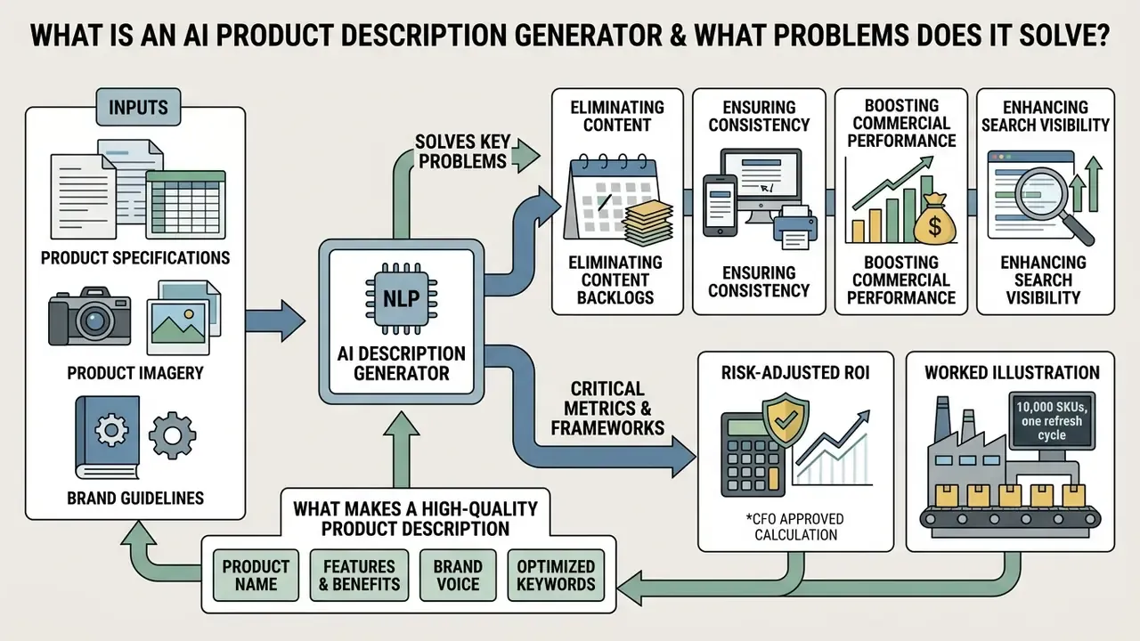 Flowchart showing how an AI product description generator processes inputs to solve business challenges