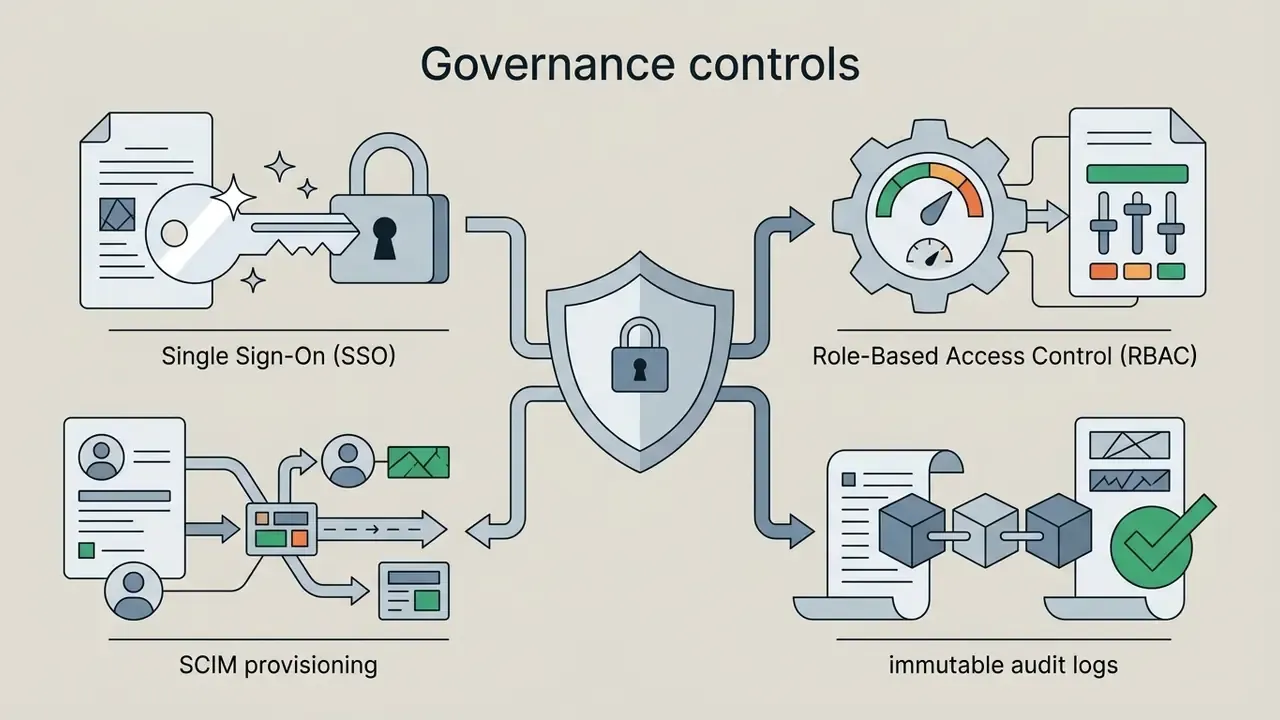 Shield icon connecting icons for SSO, SCIM provisioning, RBAC, and audit logs to represent security