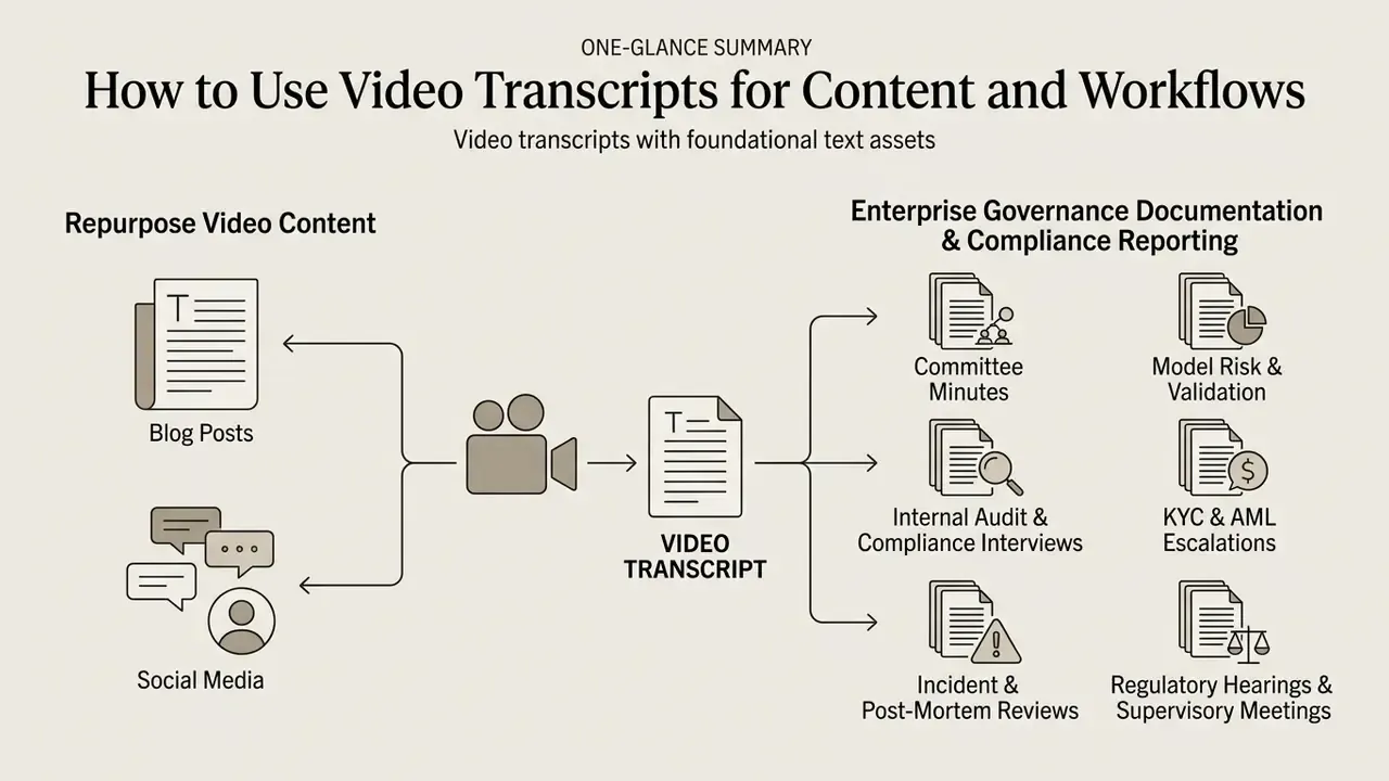 Infographic showing how video content converts to text for marketing repurposing and compliance workflows