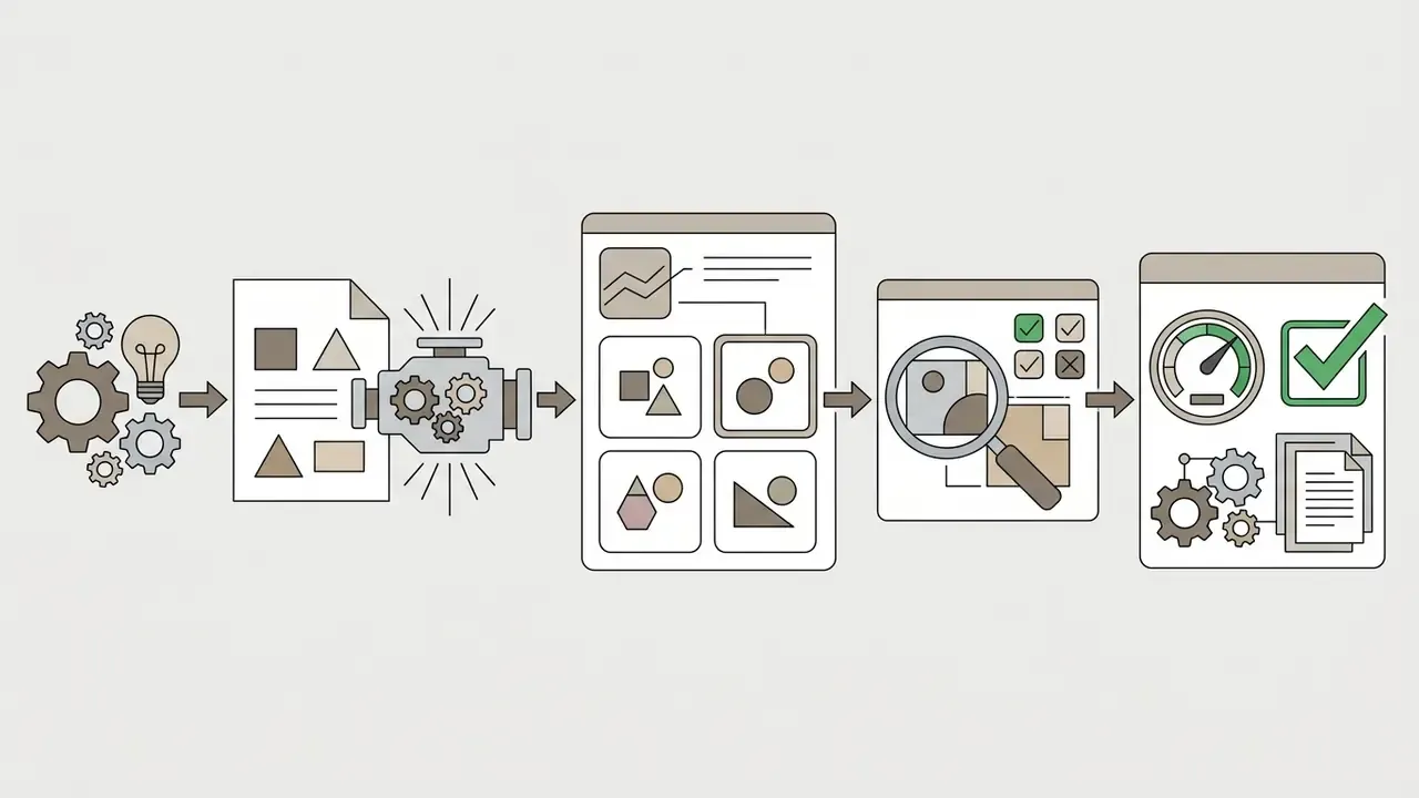 Icons showing a creative concept processed into image variations then reviewed and finalized for output