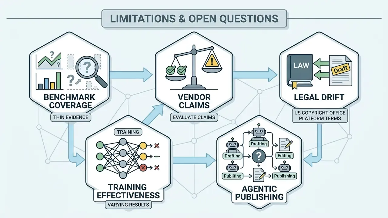 Hexagonal panels illustrating challenges like benchmark coverage, vendor claims, legal drift, and agentic publishing