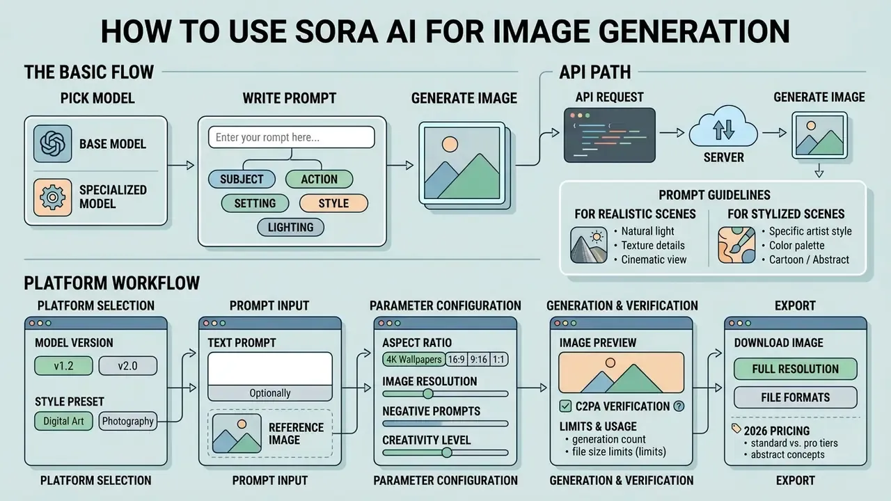 Flowchart detailing the Sora AI process from model selection and prompt engineering to platform export settings