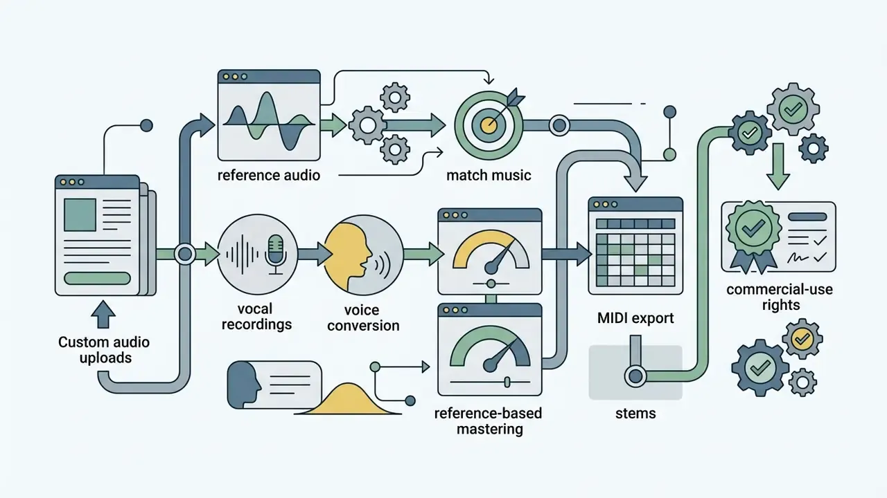 System flow showing custom audio uploads processed through reference matching, voice conversion, and mastering