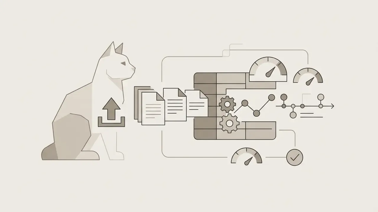 Cat silhouette with an upload icon moving data through gears, gauges, and document processing lines