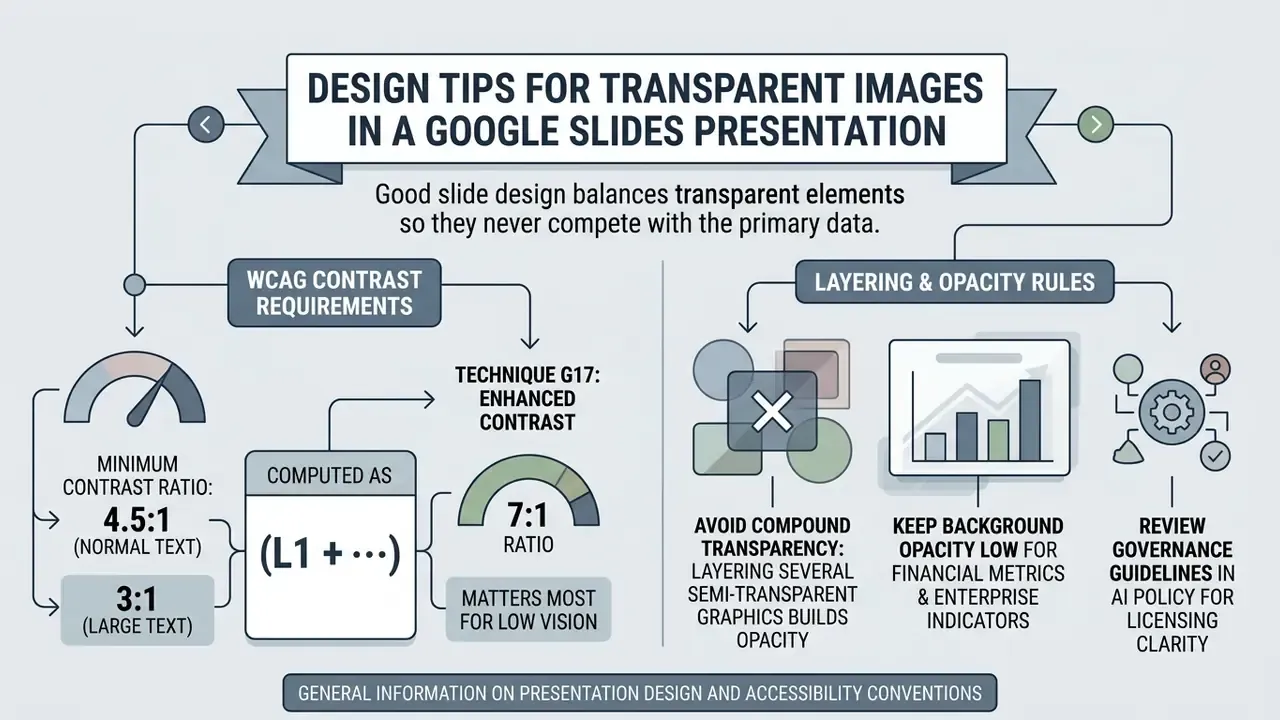 Infographic detailing accessibility contrast ratios and layering rules for transparent slide elements