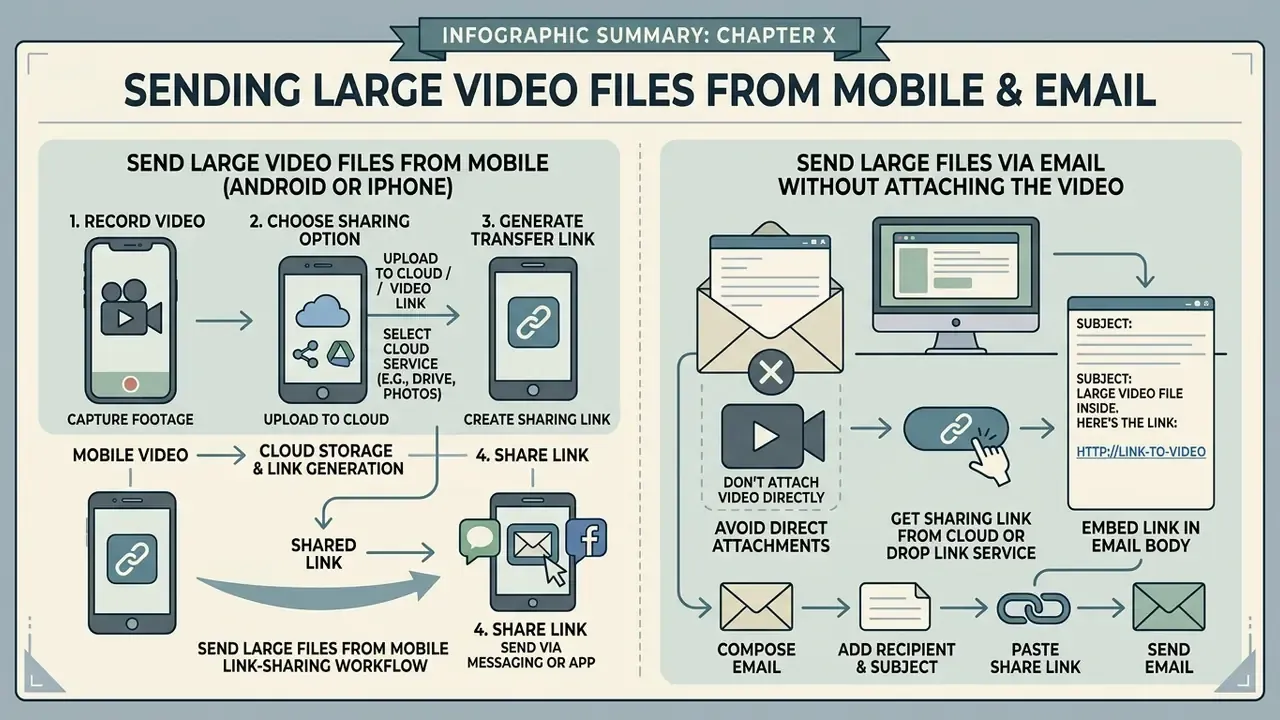 Workflow steps for sharing large video files via mobile cloud storage links or email body embedding