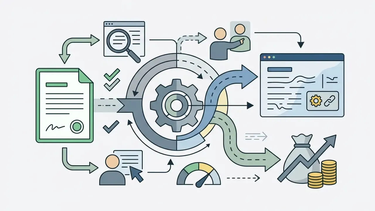 Document and search icons feeding a gear mechanism that directs data to web interfaces and financial growth