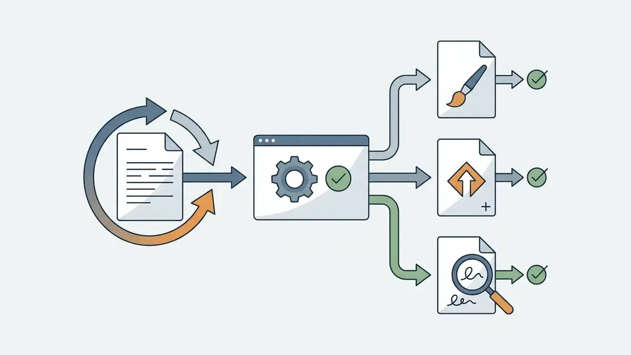 Document cycling through a processor to be distributed into three distinct media and review workflows
