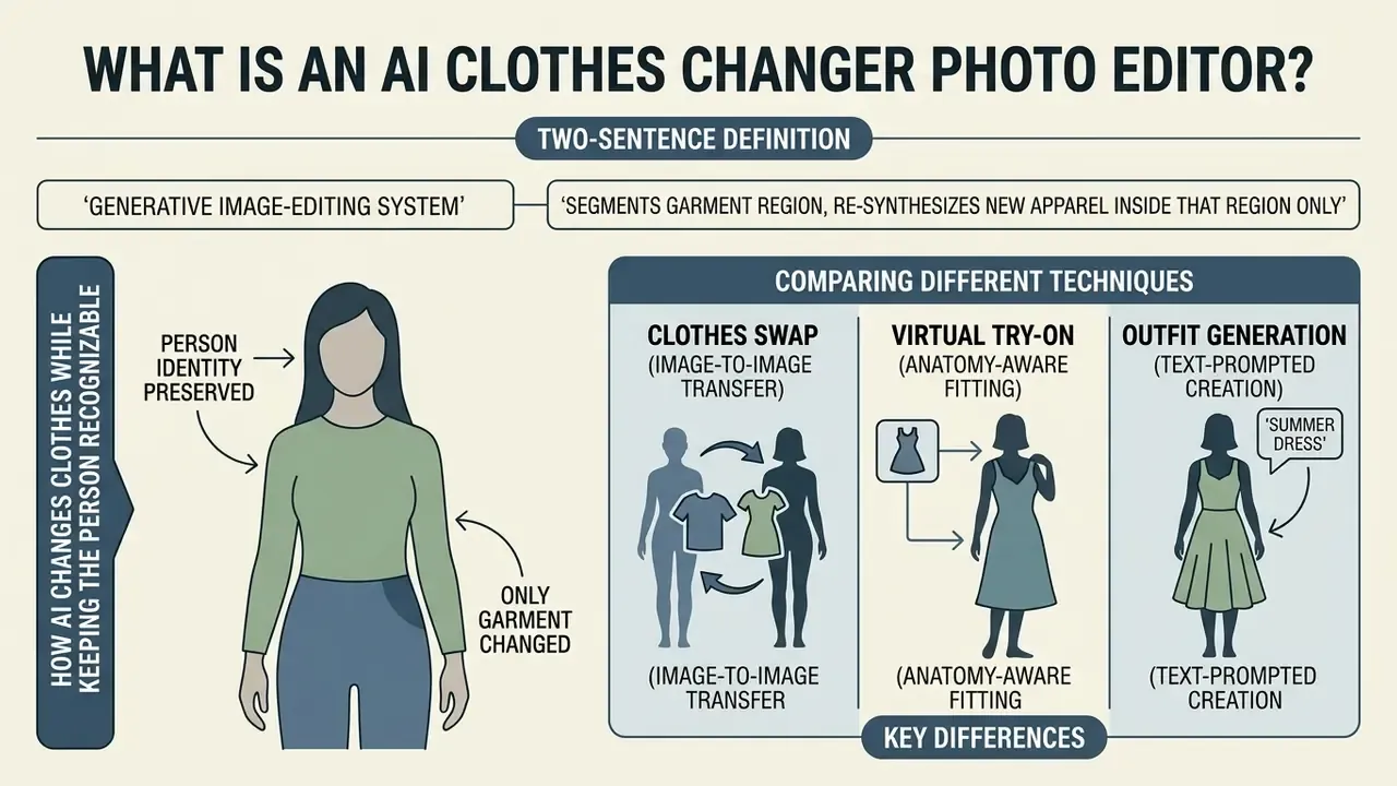 Infographic explaining how AI tools swap garments while preserving a person's identity and appearance