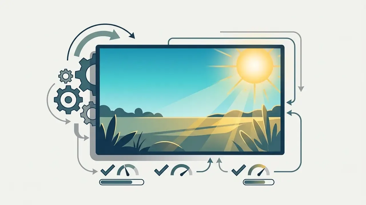 Digital screen displaying a sunny landscape with surrounding gear icons and progress bars for AI processing