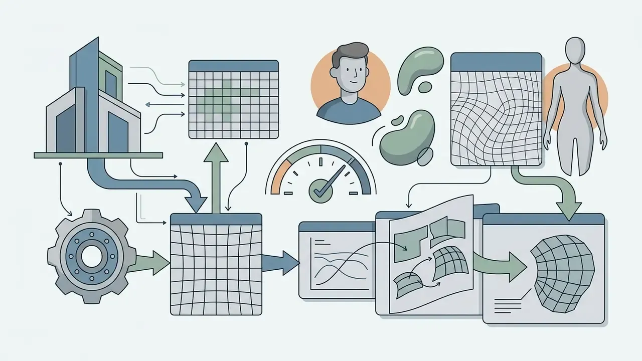 Architectural and character design workflows connecting 3D modeling grids, organic shapes, and wireframe meshes