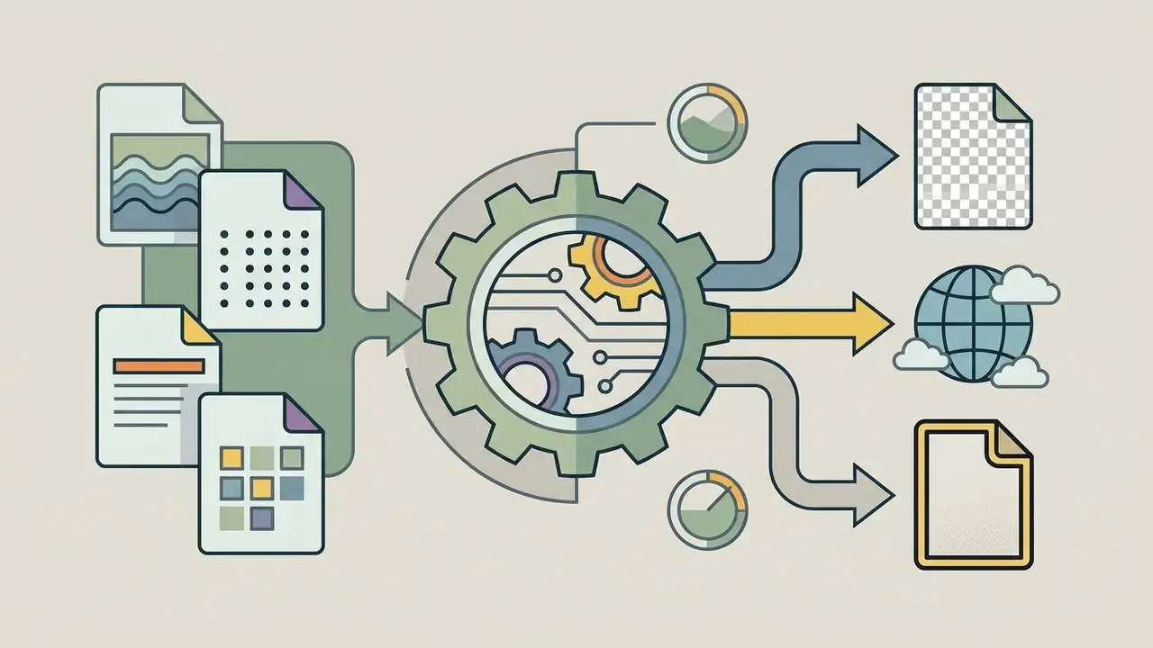 Multiple file types feeding into a central gear mechanism that outputs to different digital formats