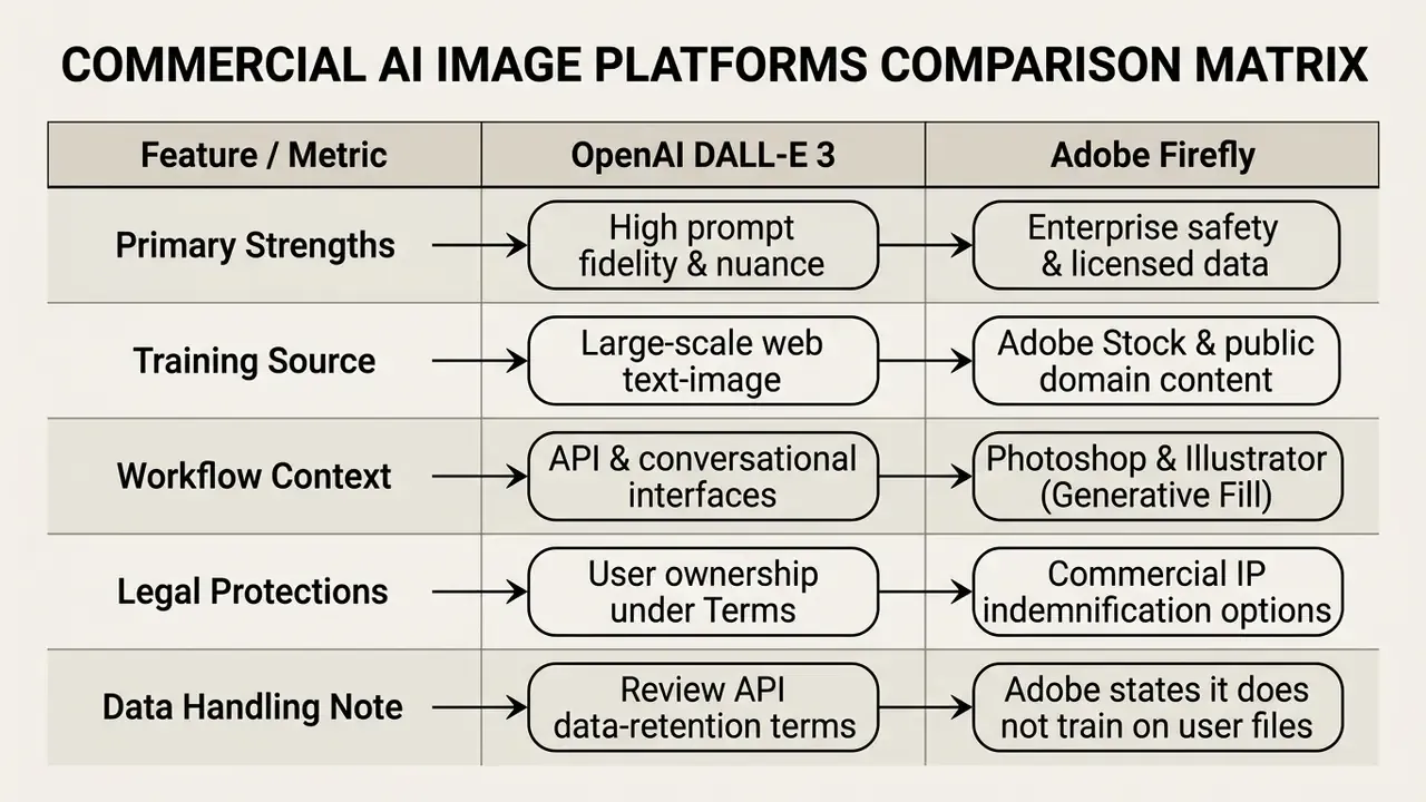 Comparison table contrasting the features and data policies of OpenAI DALL-E 3 and Adobe Firefly