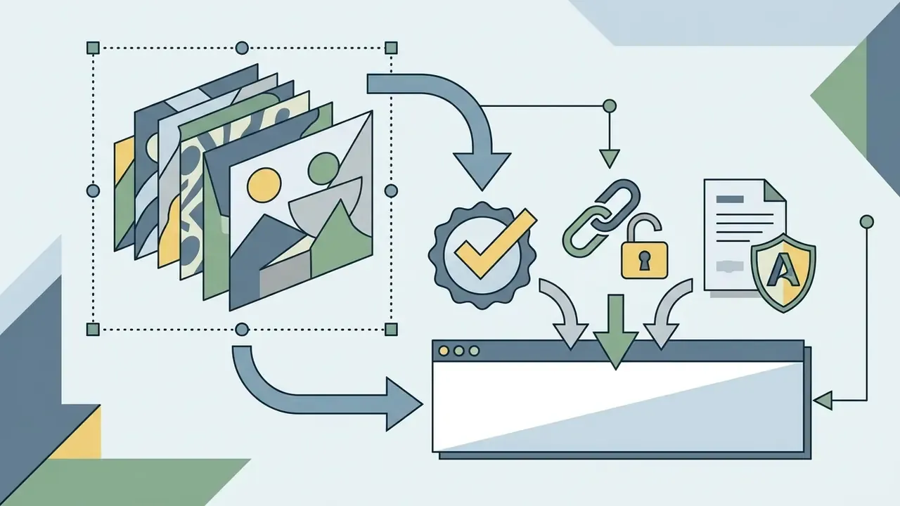 A stack of images being processed through validation, linking, and licensing steps