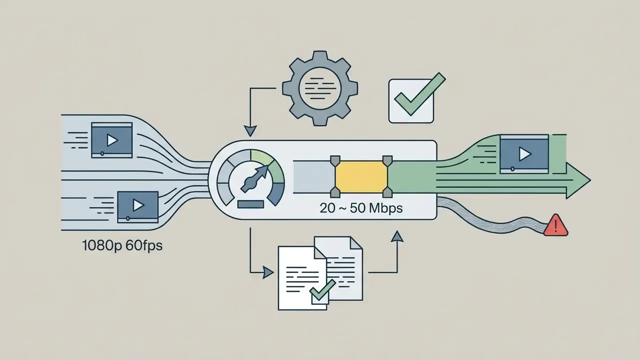Diagram showing bitrate optimization for 1080p 60fps video content within a 20 to 50 Mbps range