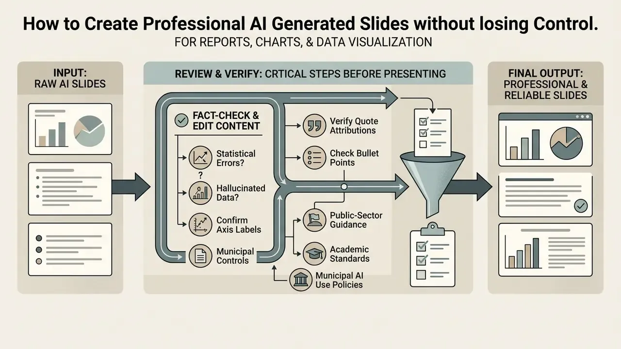 Workflow showing raw AI slides being fact-checked and verified through a funnel into final presentations