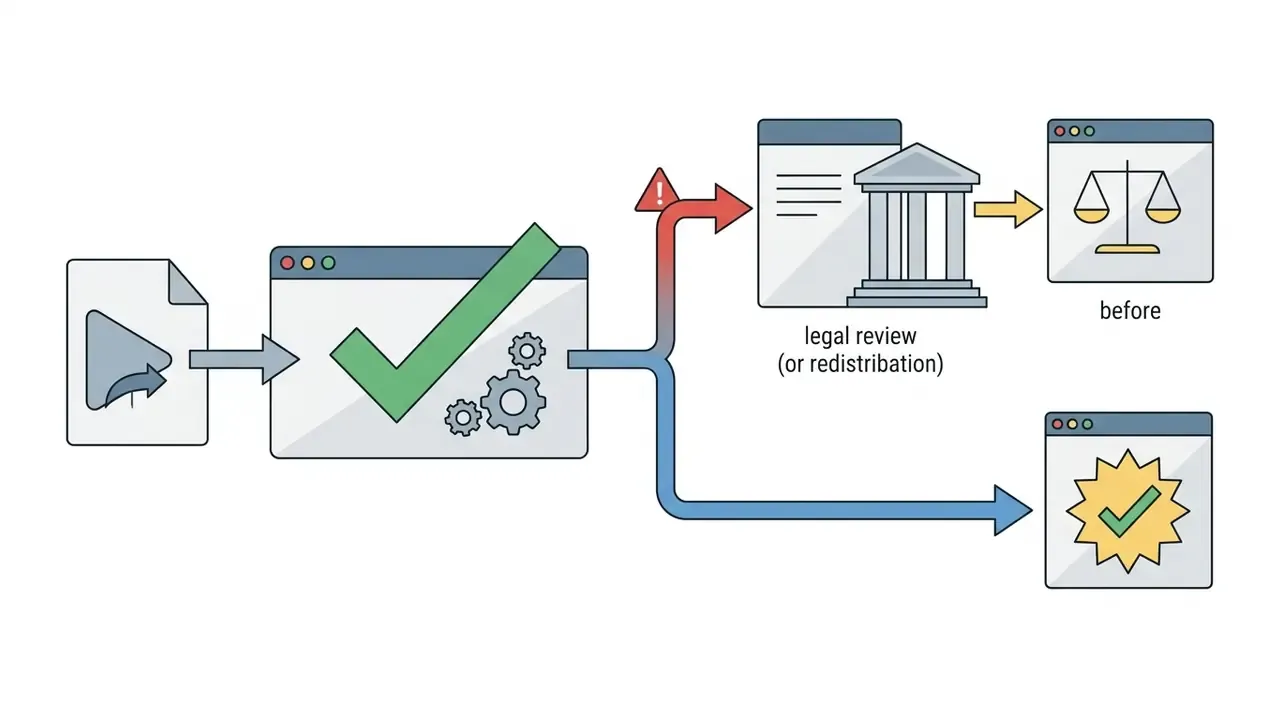 Media file processing path branching toward legal review or direct approval for use