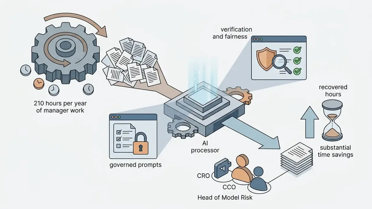 Gear and document icons feeding into an AI processor to output time savings for corporate leadership roles