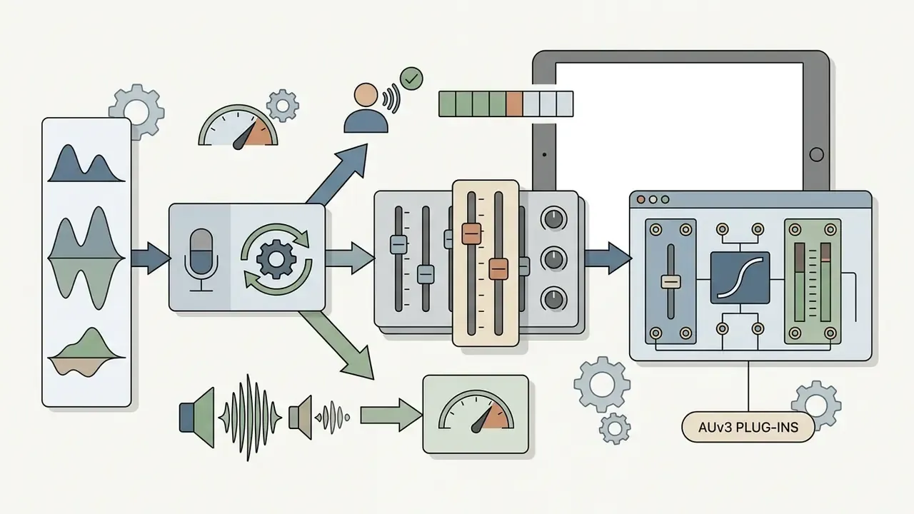Audio processing workflow showing waveform analysis, voice isolation, mixing, and plug-in integration
