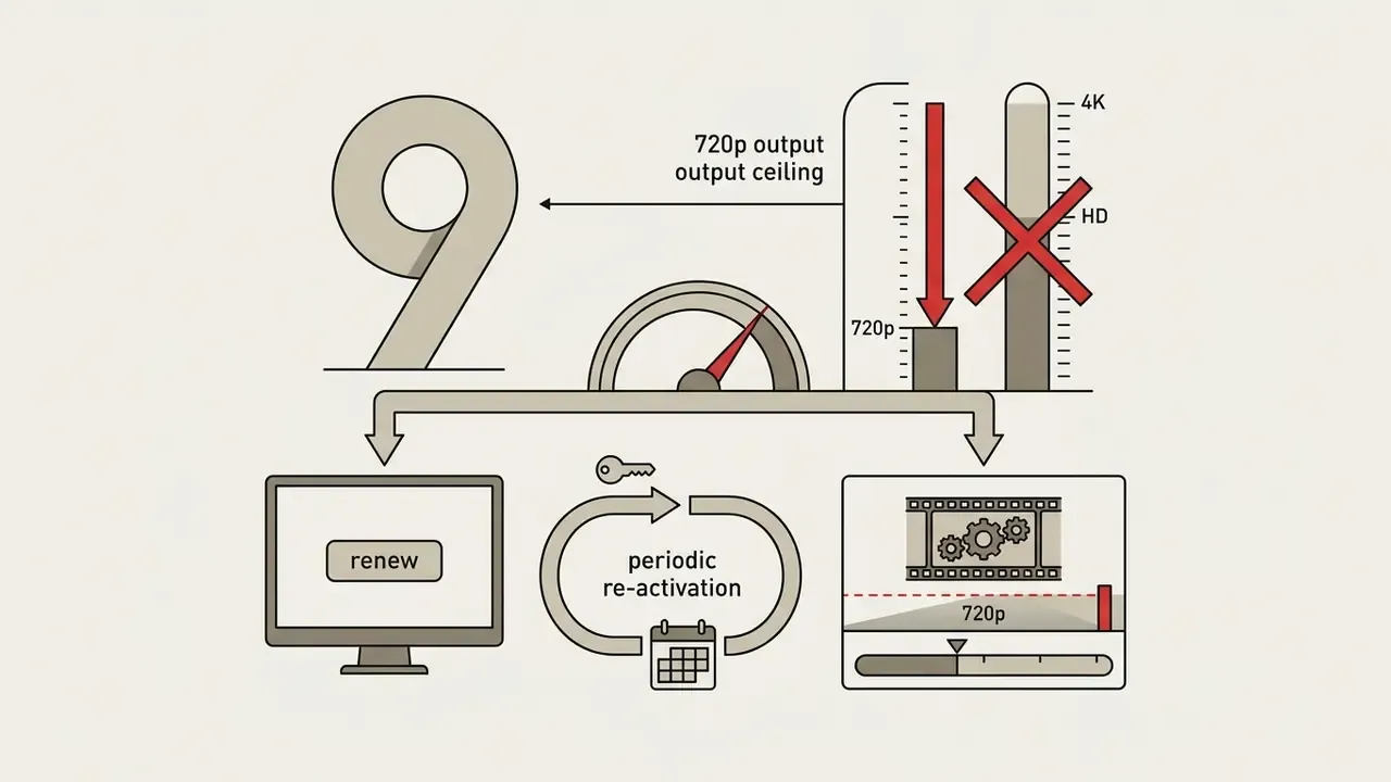 A 720p resolution limit, a renewal button, and a calendar icon for periodic activation