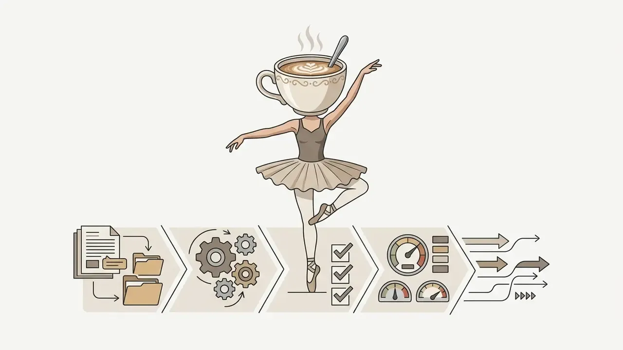 Ballerina with a cappuccino cup head positioned above a process flow of gears, checklists, and gauges