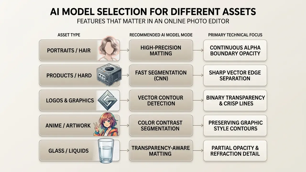 Chart mapping asset types to recommended AI model modes and their specific technical focus for image editing