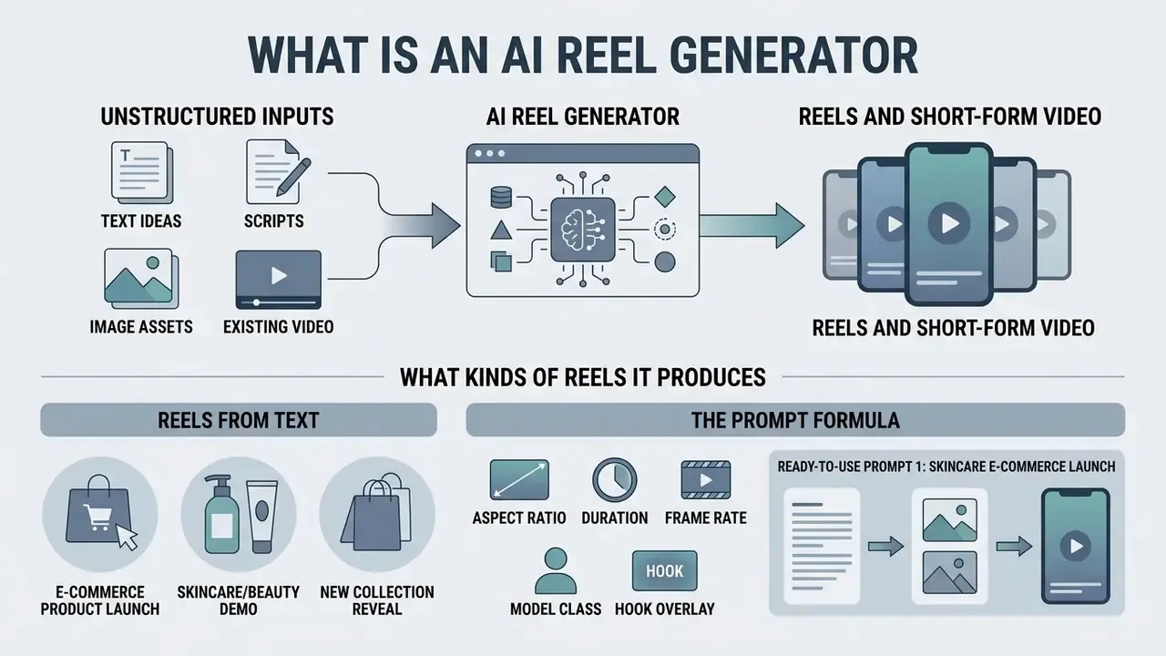 Diagram showing how an AI reel generator converts text, images, and video into vertical short-form content