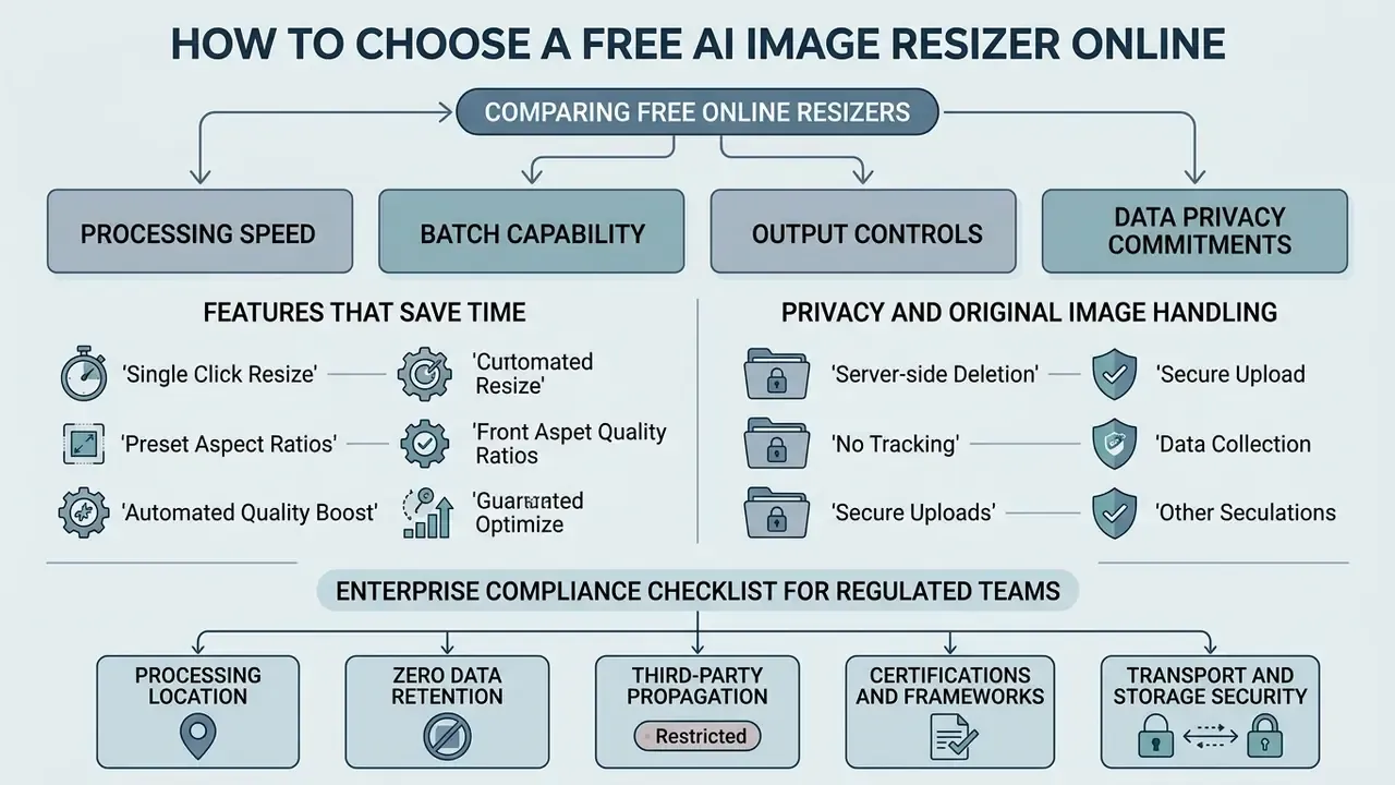 Flowchart outlining criteria for evaluating AI tools to make an image smaller and ensure data privacy