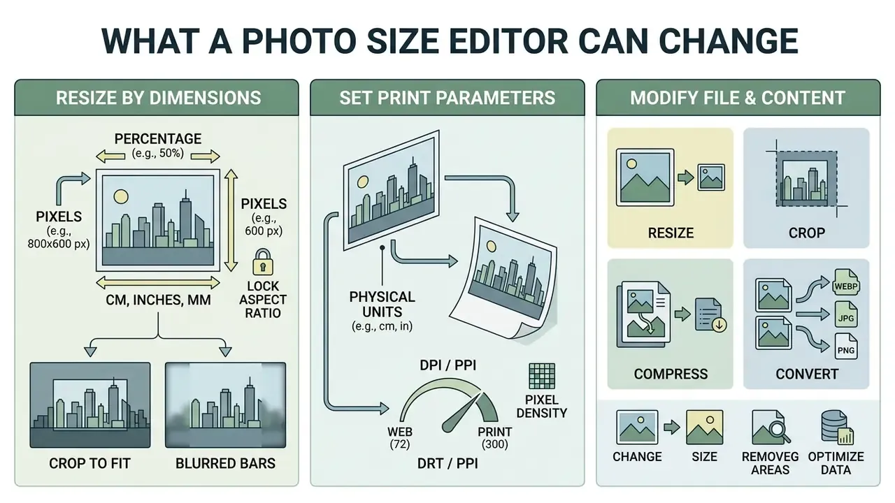 Infographic detailing how a photo size editor adjusts dimensions, print settings, and file formats