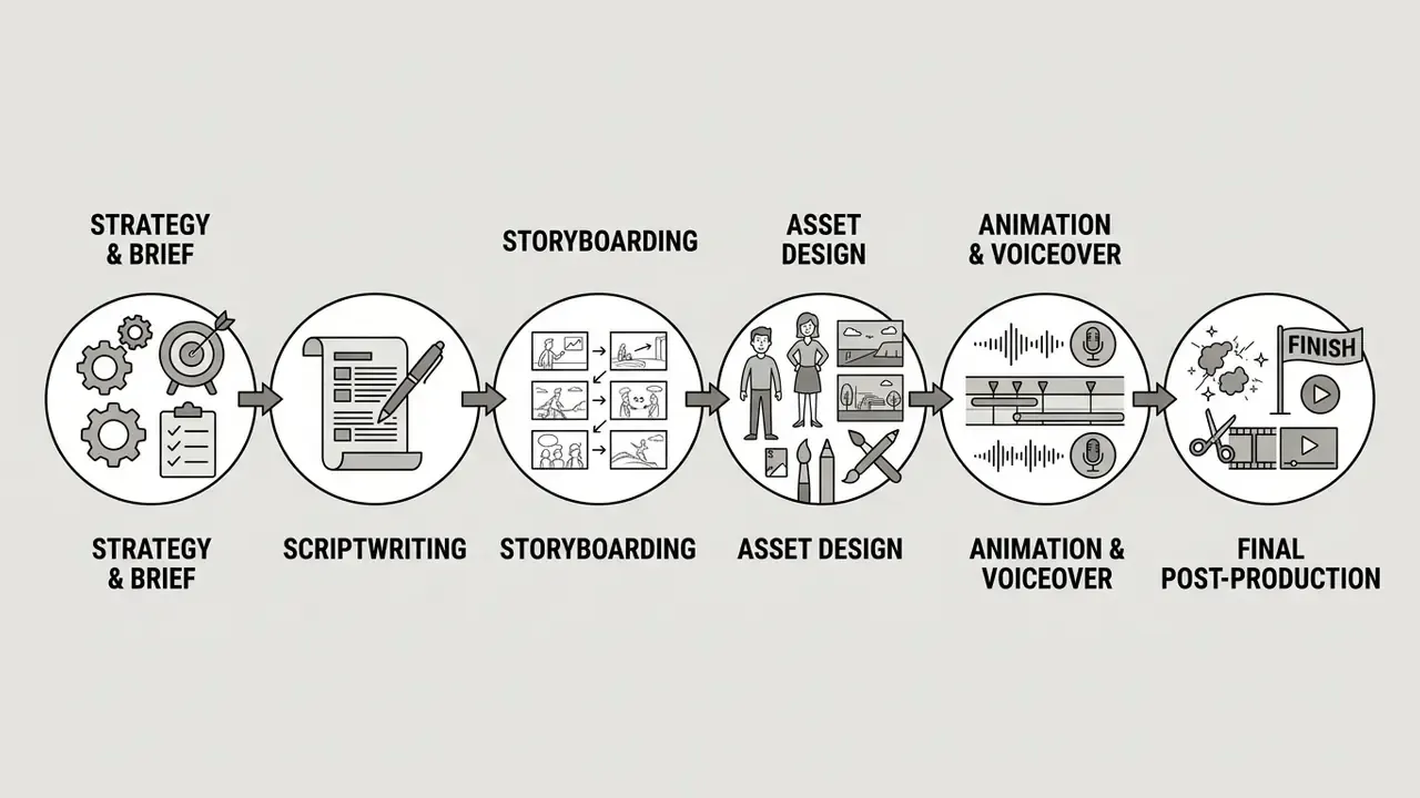 Linear process diagram showing stages from strategy and scriptwriting to animation and final post-production