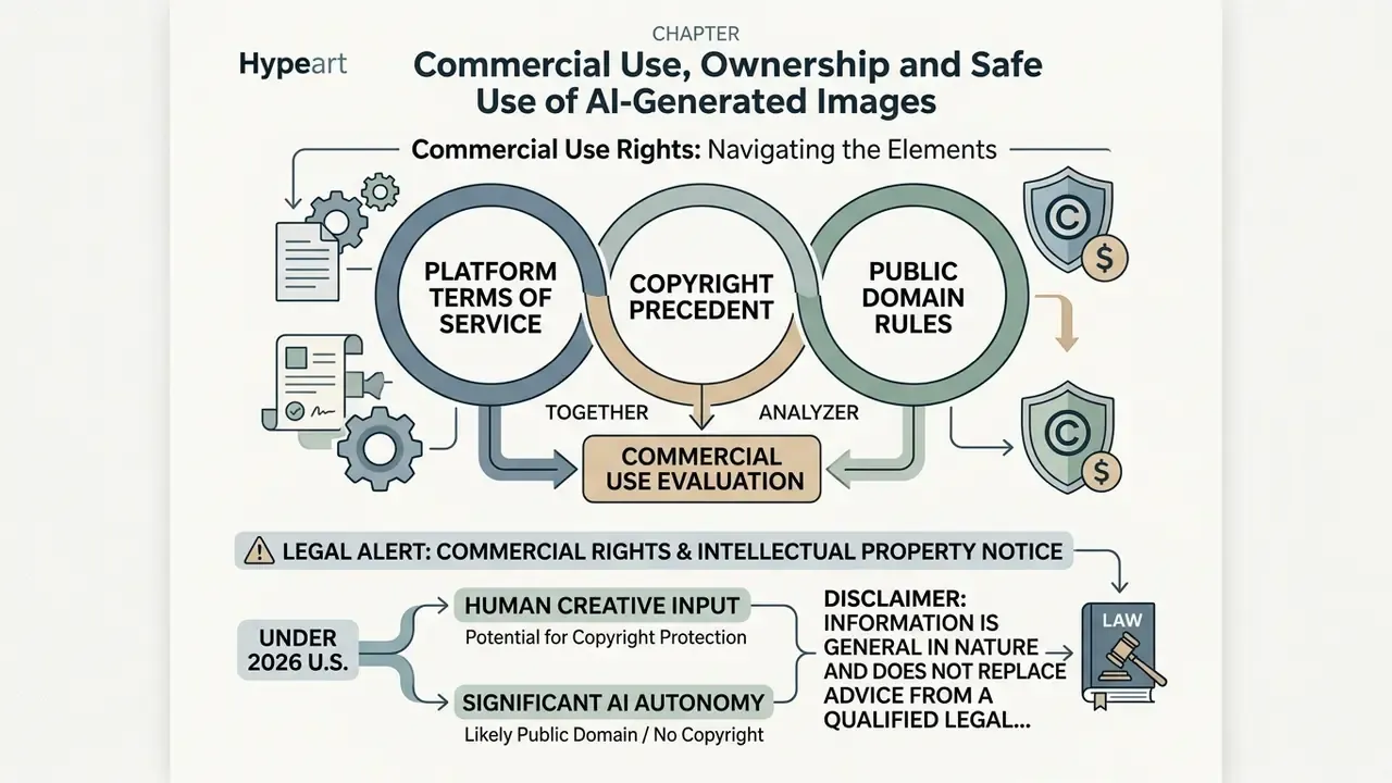 Flowchart showing how platform terms, copyright precedent, and public domain rules inform commercial use rights