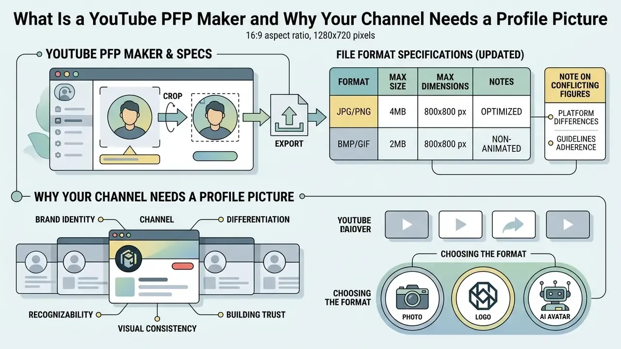 Infographic detailing YouTube profile picture file specifications and the importance of channel branding