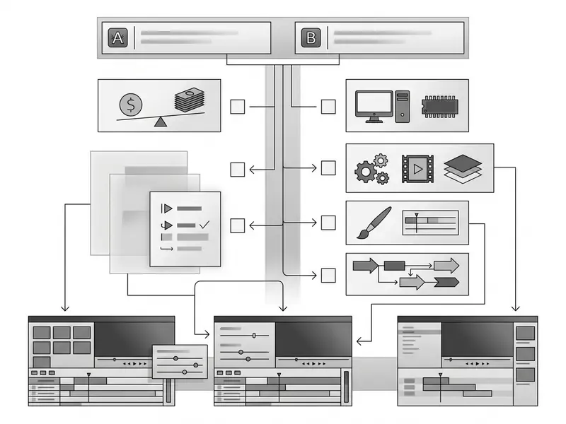 Flowchart comparing video editor for Mac features including hardware requirements and editing tools