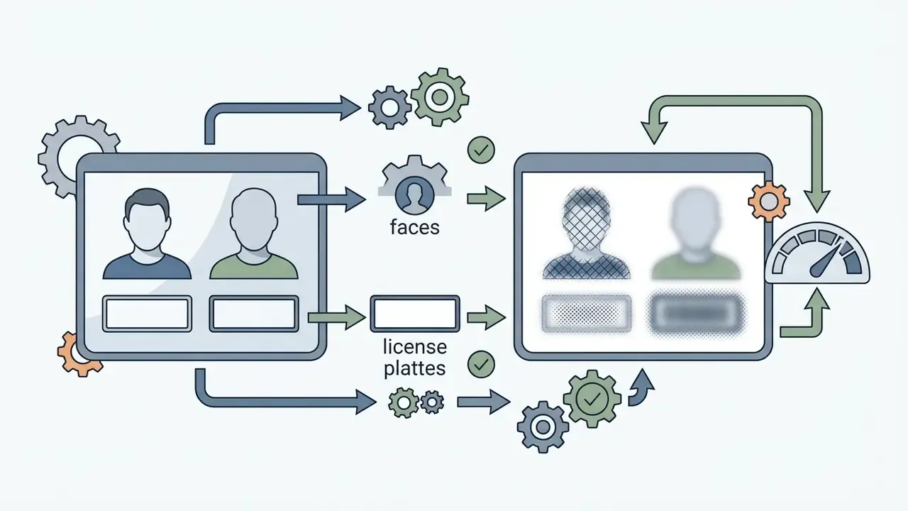 Diagram showing automated tools processing a photo to blur faces and license plates for privacy